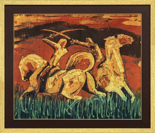 Living room painting by Joanna Czubak titled Fighting horsemen - batik