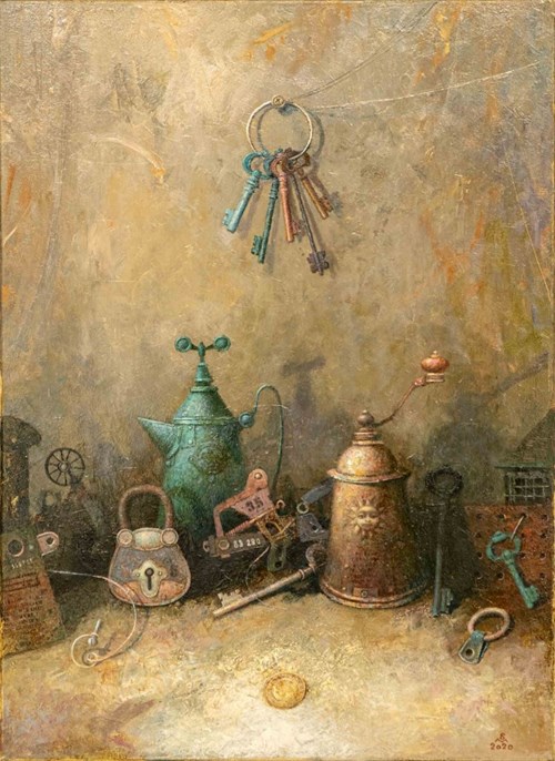 Living room painting by Siergiej Malysz titled Still life with a coin