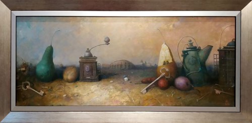 Obraz do salonu artysty Siergiej Malysz pod tytułem Martwa natura na tle pejzażu. Mechaniczna gruszka
