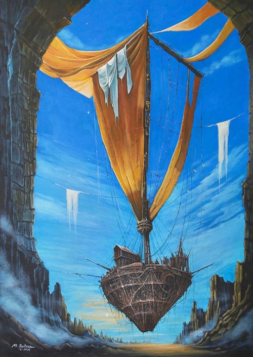 Living room painting by Małgorzata Rukszan titled Nowhere Ship