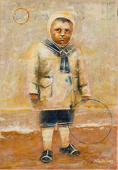 Living room painting by Mirosław Antoniewicz titled Boy with a wheel