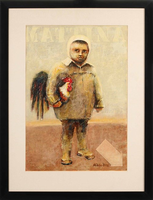 Living room painting by Mirosław Antoniewicz titled Boy With a Hen