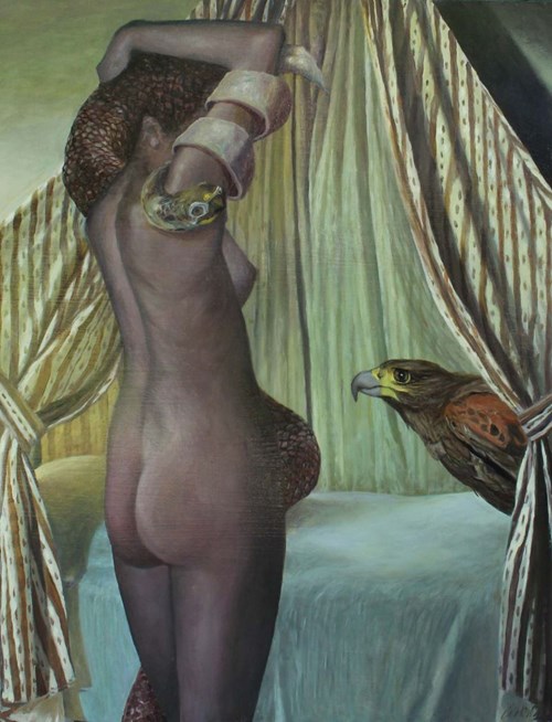 Living room painting by Mariusz Cichoń titled Feathery Tamer of Biblical Myths