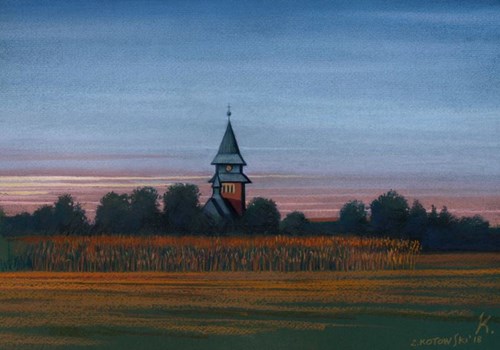 Living room painting by Zbigniew Kotowski titled Church in Radłowo