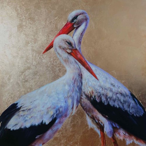 Living room painting by Khrystyna Hladka titled Storks Tenderness