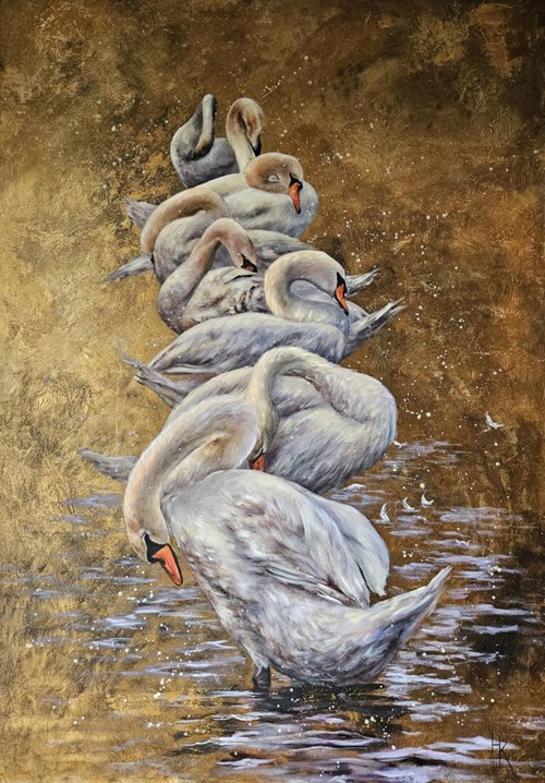 Living room painting by Khrystyna Hladka titled Swans Melodies