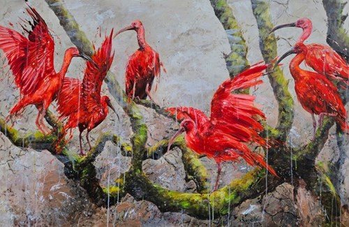 Living room painting by Khrystyna Hladka titled The Land of Red Ibises