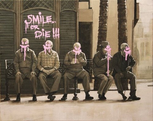 Living room painting by Krzysztof Powałka titled Smile or die