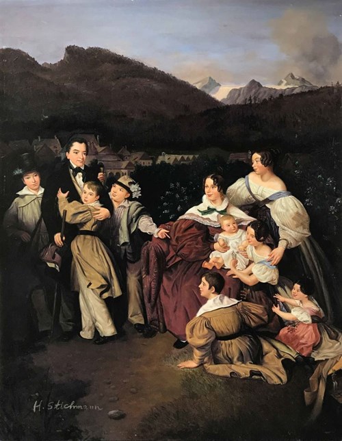 Obraz do salonu artysty H. Stichman pod tytułem Rodzina na tle pejzażu górskiego (XIX/XX w.)