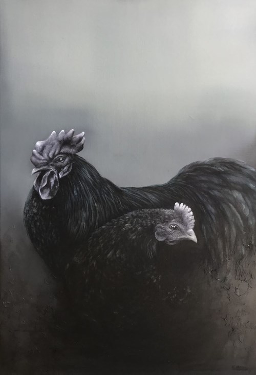 Living room painting by Klaudia Choma titled Take One Black Rooster…