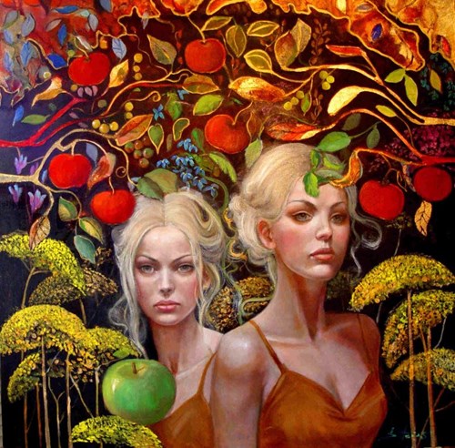 Living room painting by Barbara Heier titled Green apple
