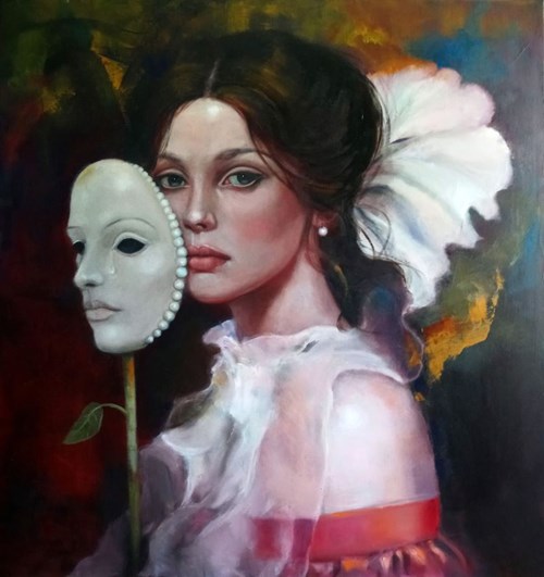 Living room painting by Barbara Heier titled The Game of Appearances