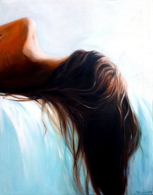 Living room painting by Joanna Buszko titled The evenings drag me by my hair in the fog