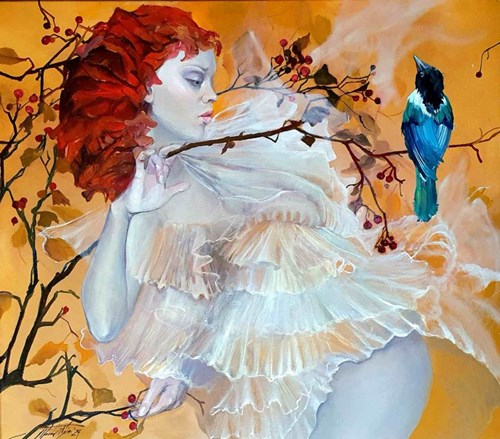 Living room painting by Joanna Heier-Nyirö titled Enchanted desires. Hiking with a blue bird