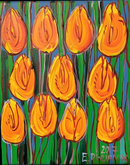 Living room painting by Edward Dwurnik titled Yellow Tulips