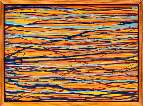 Living room painting by Edward Dwurnik titled Untitled (orange abstraction) (NO. XXV 246-3511)