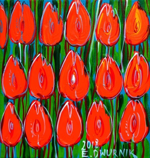 Living room painting by Edward Dwurnik titled Orange tulips