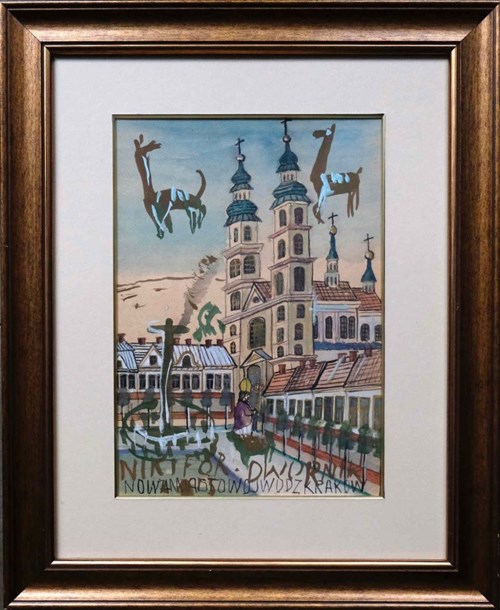Living room painting by Edward Dwurnik titled Lamas Above the City