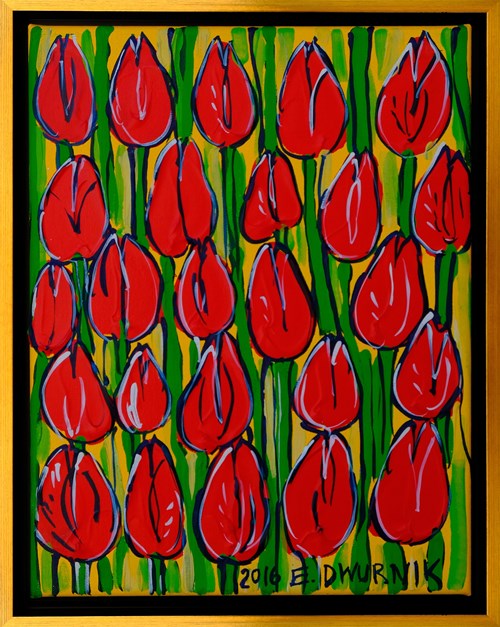 Obraz do salonu artysty Edward Dwurnik pod tytułem Czerwone tulipany na żółtym tle
