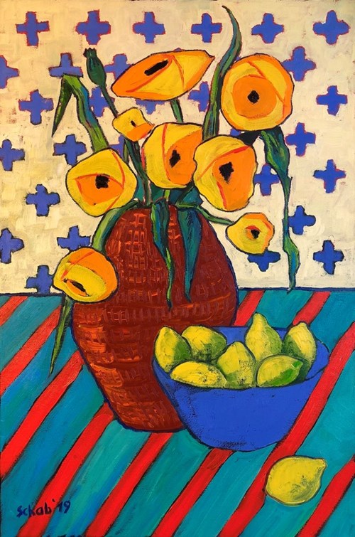 Living room painting by David Schab titled Yellow Poppies