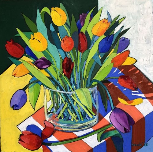 Living room painting by David Schab titled Tulips in vassel