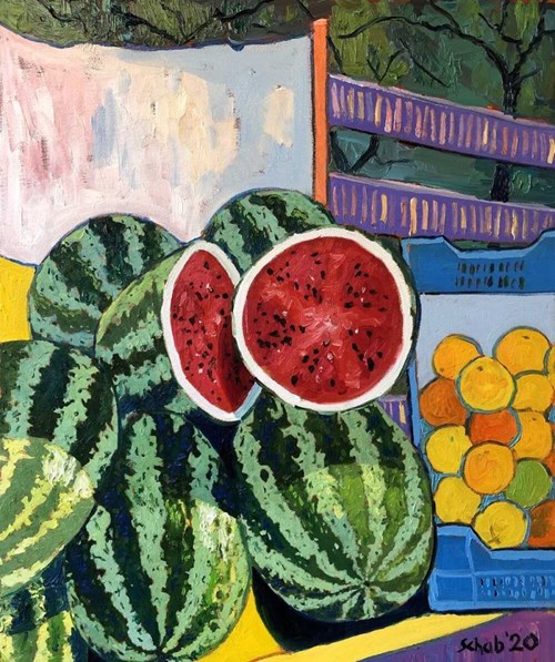Living room painting by David Schab titled Greek Watermelons