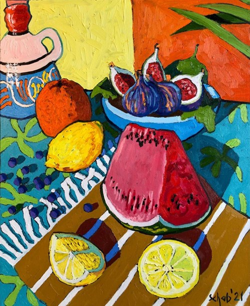 Obraz do salonu artysty David Schab pod tytułem Martwa natura z owocami i czajniczkiem