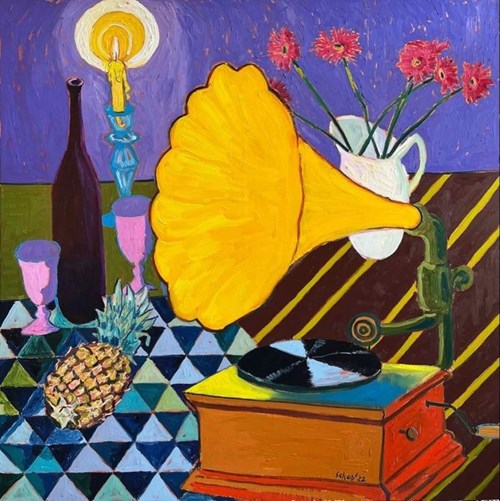 Living room painting by David Schab titled Yellow gramophone