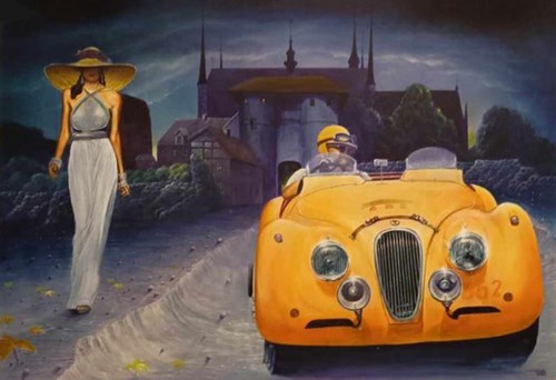 Living room painting by Krzysztof Tanajewski titled Jaguar 1953 XK 120STS