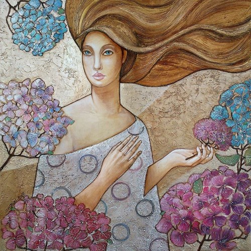 Living room painting by Joanna Misztal titled The discreet fragrance of hydrangea