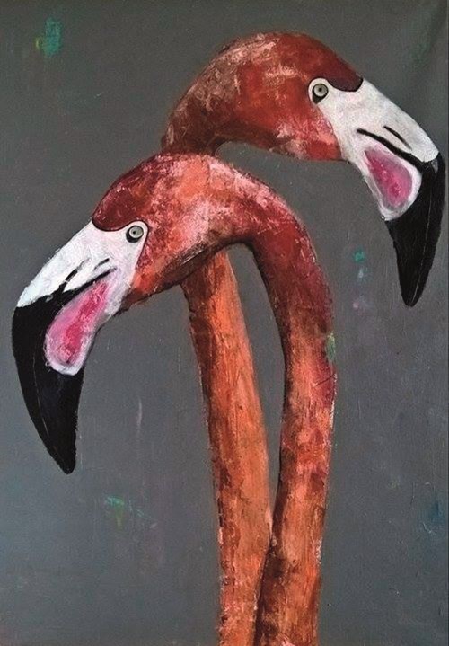 Living room painting by Karolina Kucharska titled Two flamingos