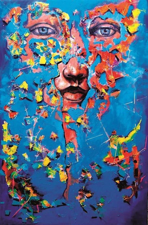 Living room painting by Łukasz Jankiewicz titled Faces and masks