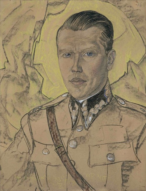 Living room painting by Stanisław Ignacy Witkiewicz titled Portrait of Arystarch Laszenko, Major of Polish Army