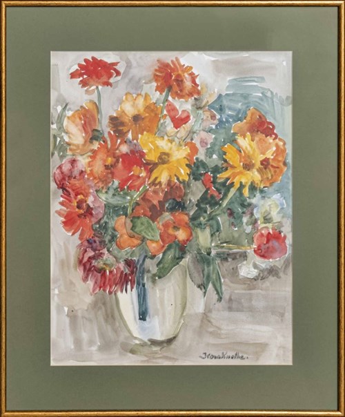 Living room painting by Irena Knothe titled Bouquet with gerberas, 20th century