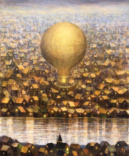 Living room painting by Piotr Banaszkiewicz titled Landscape with a balloon