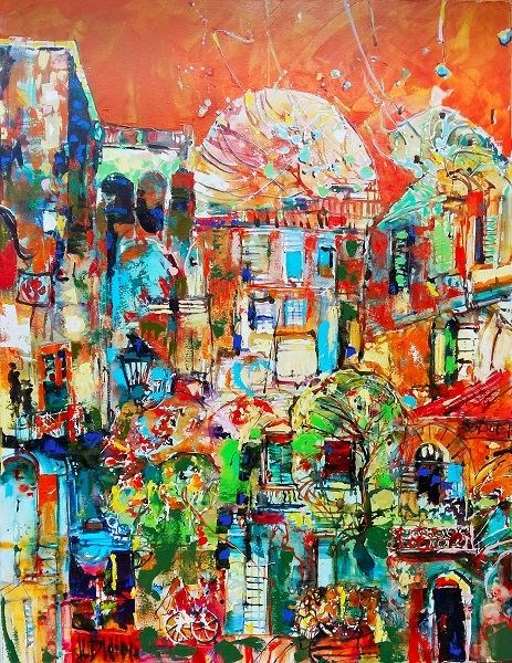 Living room painting by Krzysztof Ludwin titled Afterimages of the cities passed 20