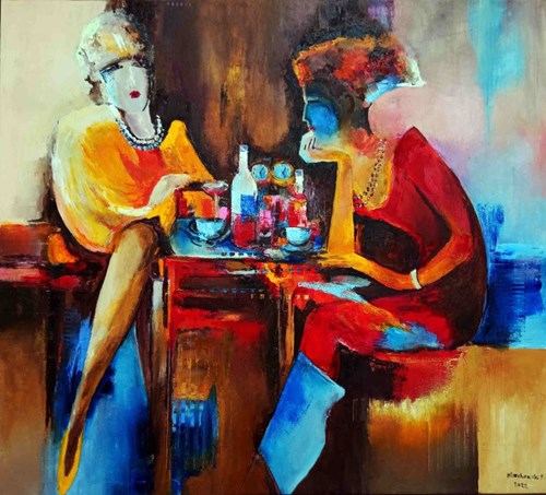 Living room painting by Tadeusz Machowski titled Gossip over wine