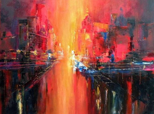 Living room painting by Tadeusz Machowski titled City full of hot passion
