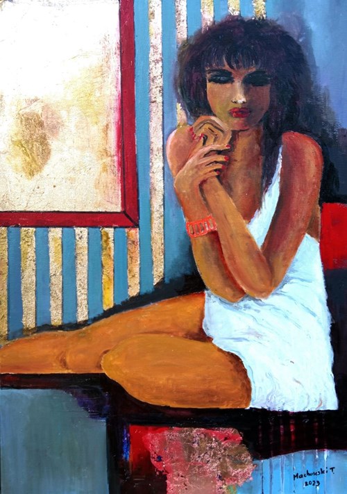 Living room painting by Tadeusz Machowski titled Girl and mirror