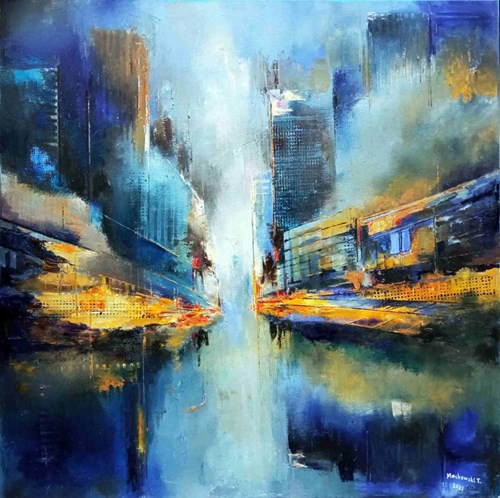 Living room painting by Tadeusz Machowski titled N.Y.C. after rain