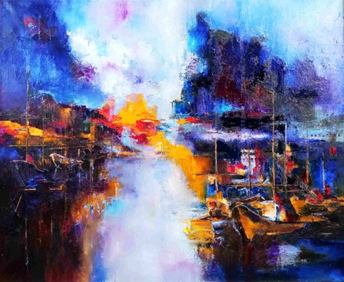 Obraz do salonu artysty Tadeusz Machowski pod tytułem Łódki na jeziorze