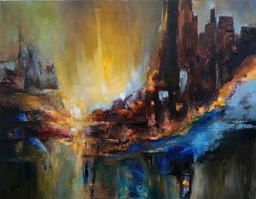 Living room painting by Tadeusz Machowski titled Loneliness in the big city