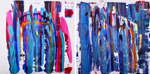 Living room painting by Dominik Smolik titled Chromatography 48 (diptych)