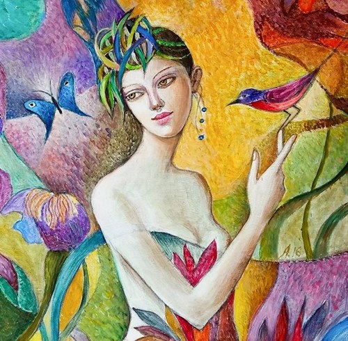 Living room painting by Agnieszka Korczak-Ostrowska titled Girl with a bird