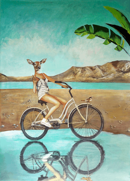 Living room painting by Lech Bator titled Roe deer on a bike