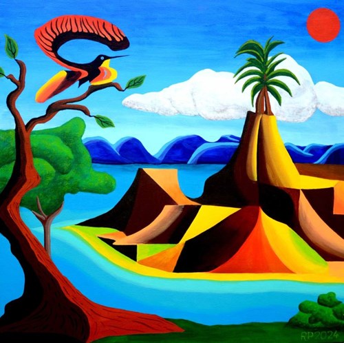 Living room painting by Robert Piasecki titled Bird of Paradise