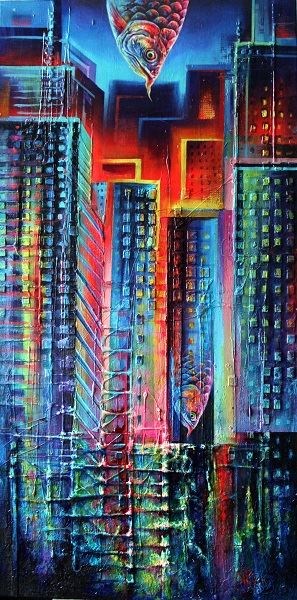Living room painting by Kamila Karst titled The pulse of the city