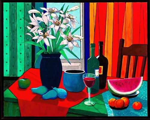Obraz do salonu artysty Michał Ostaniewicz pod tytułem Ostatni kieliszek wina i arbuz