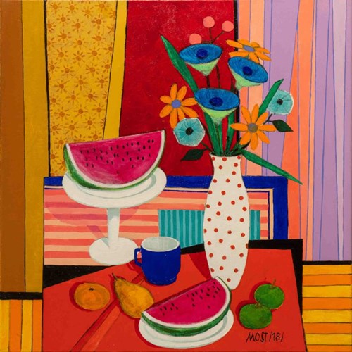 Living room painting by Michał Ostaniewicz titled Red polka dot vase