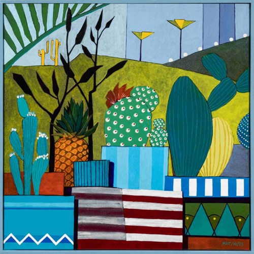 Obraz do salonu artysty Michał Ostaniewicz pod tytułem Pejzaż z kaktusami i ananasem